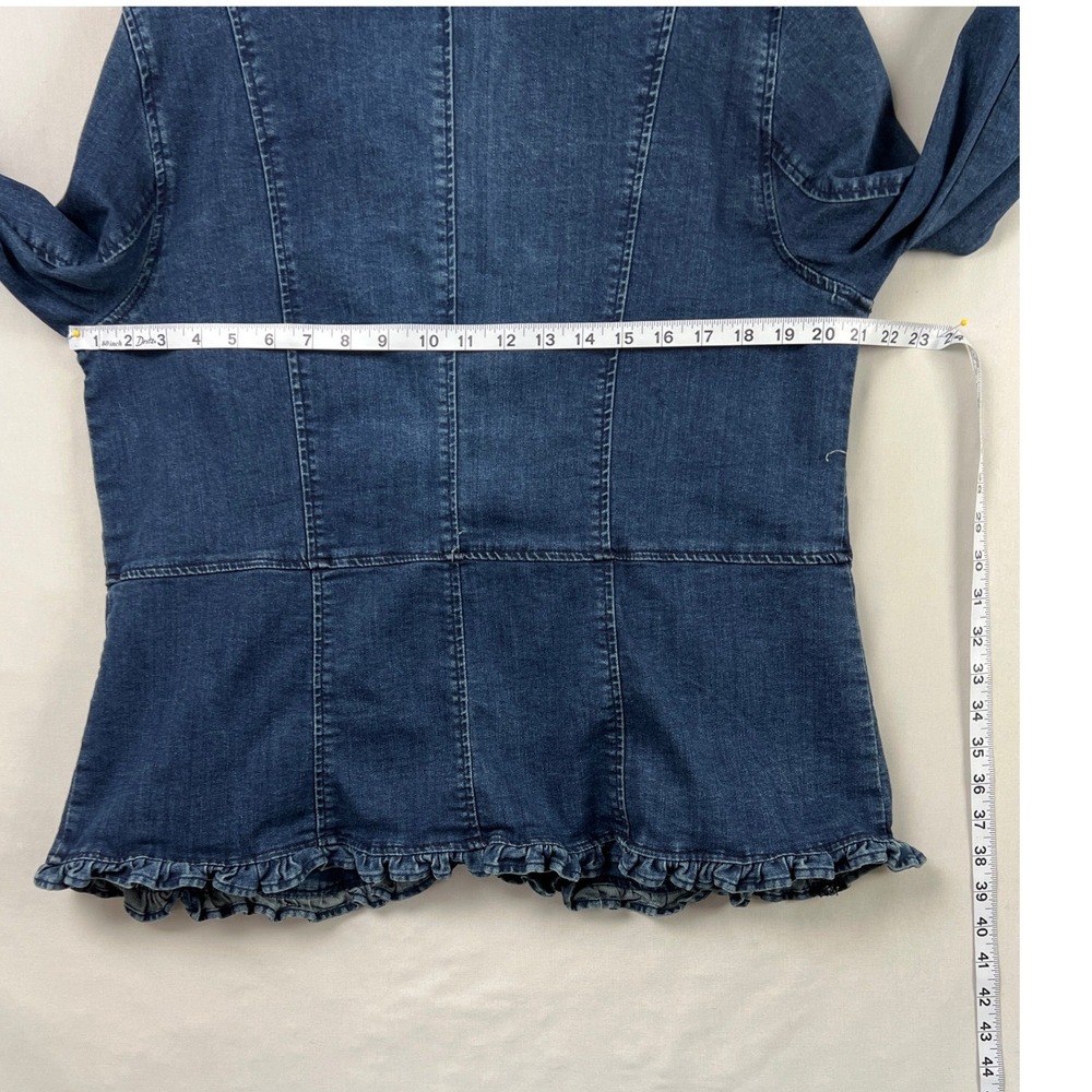 Peck & Peck Denim Jacket Womens Large Blue Ruffle Military Gold Button Stretch - Picture 6 of 9